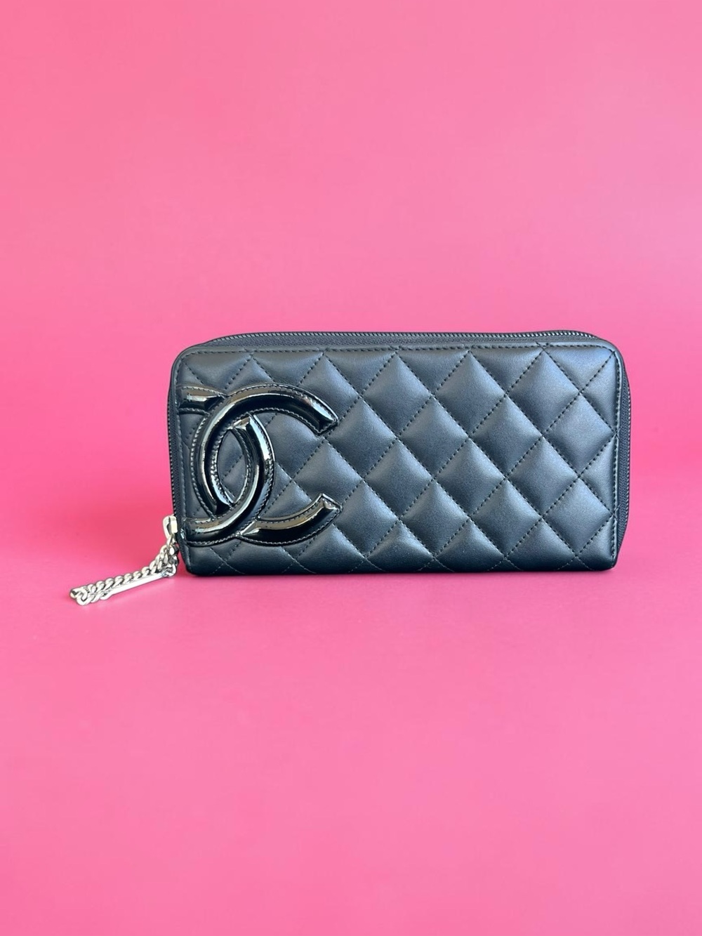 Chanel 2012 Cambon Black Quilted Leather Zip Around Wallet